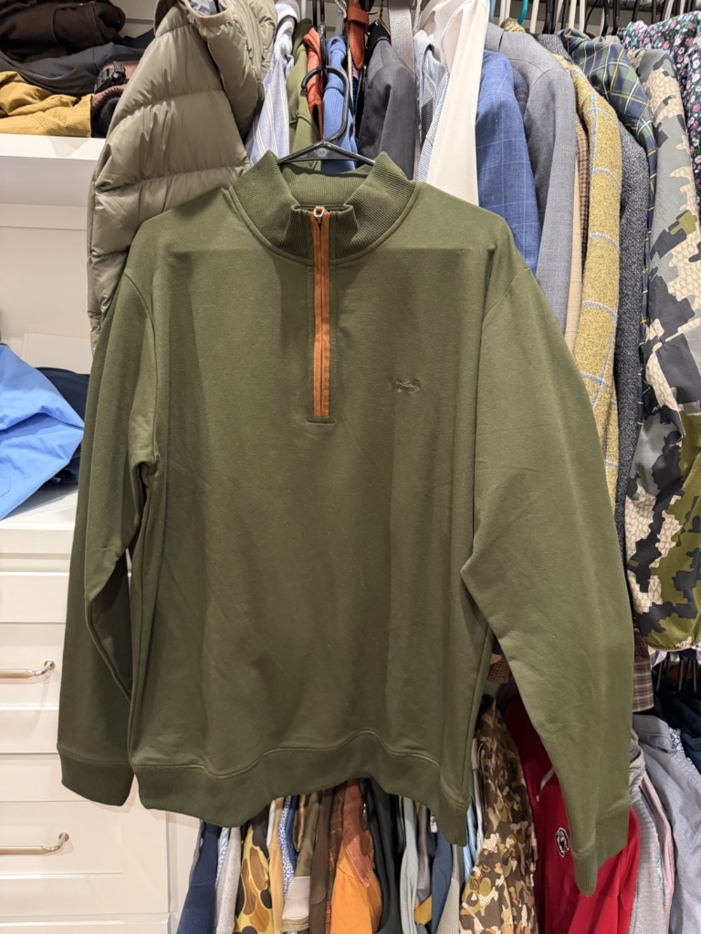 Men's Olive Zip-Neck Sweater with Brown Contrast Placket